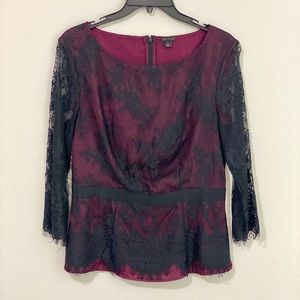 Ann Taylor Black Lace Overlay Wine Top Eyelash Trim Zip Back Size 6 EUC